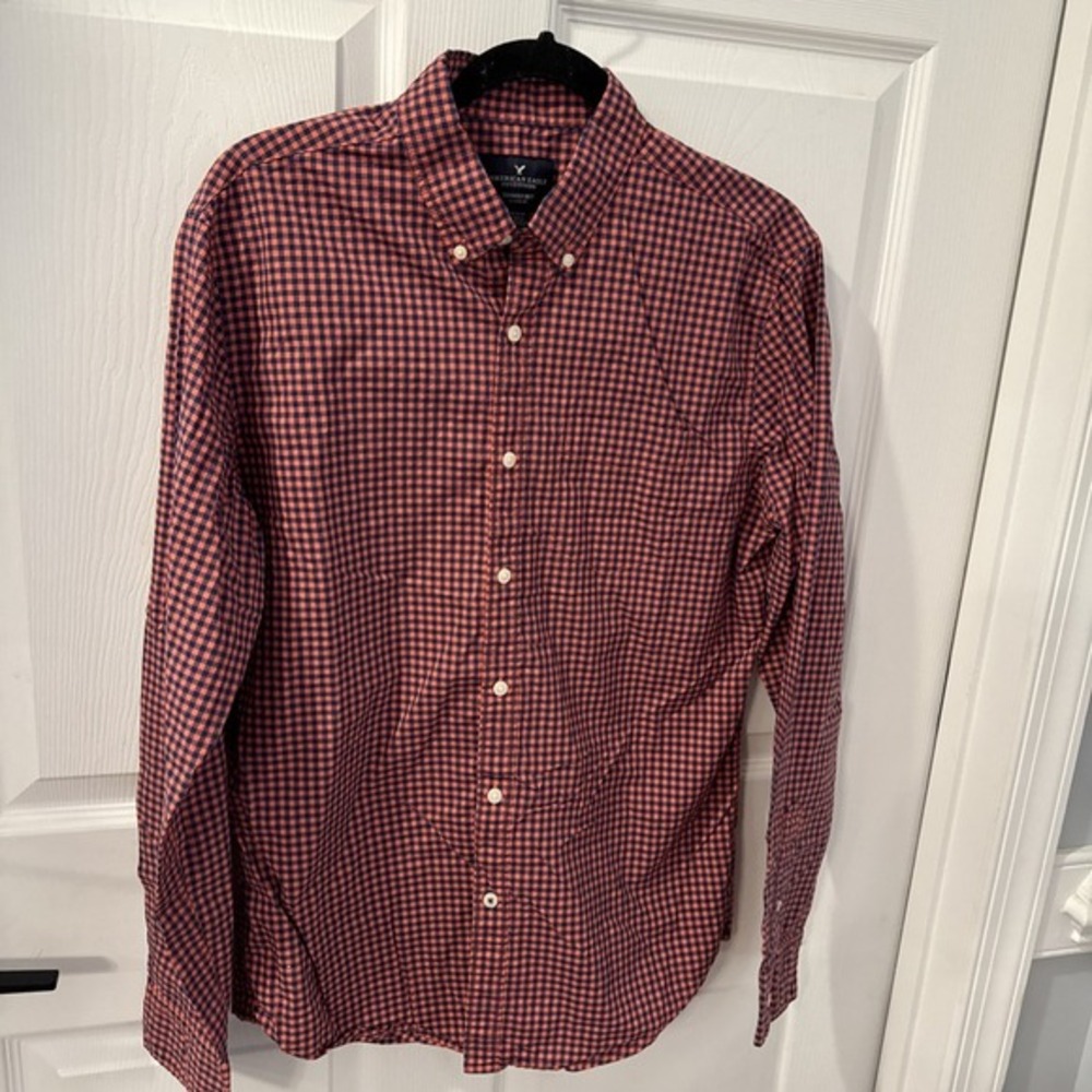 AMERICAN EAGLE sz M Classic Fit‎ Red Blue GINGHAM CHECK Button Down Shirt Men's